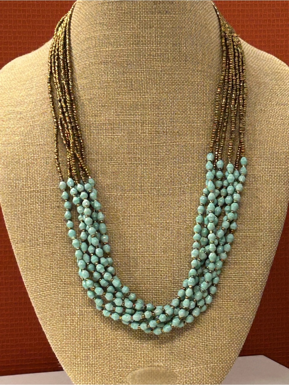 Beautiful glass copper  and acrylic turquoise beaded necklace Boho